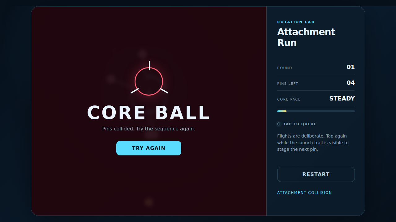 Core Ball's final retained agent screenshot still shows the red collision screen
