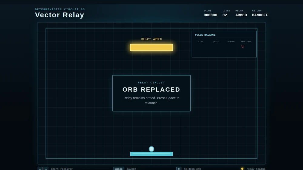 Vector Relay before the repair: relay armed, orb replaced, score 0