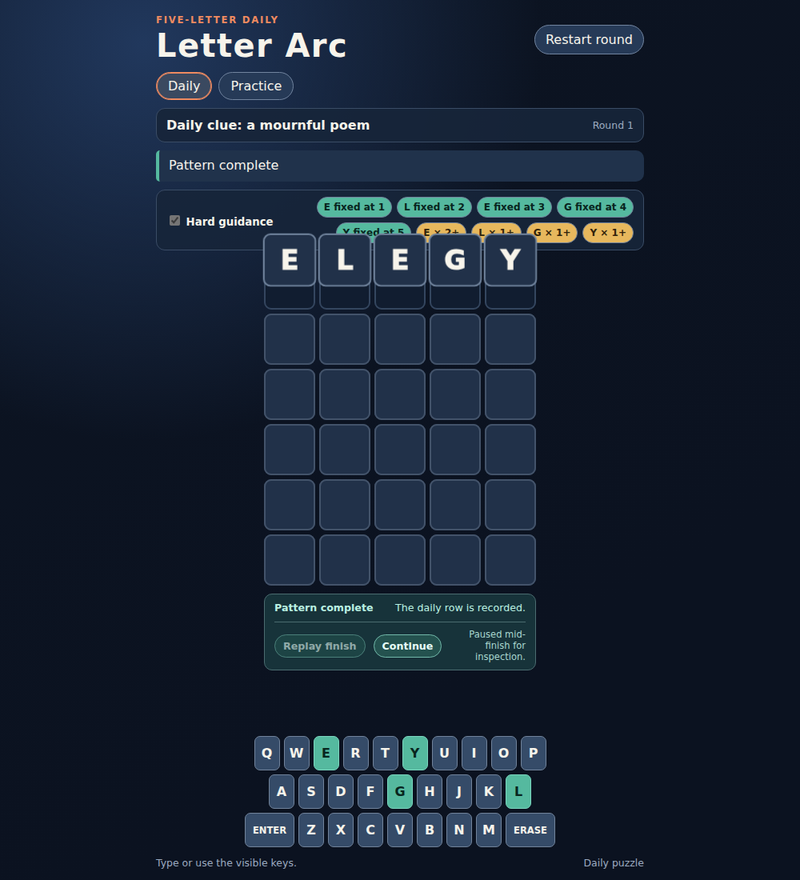Letter Arc screenshot 18: revealed tile faces turn dark mid-animation